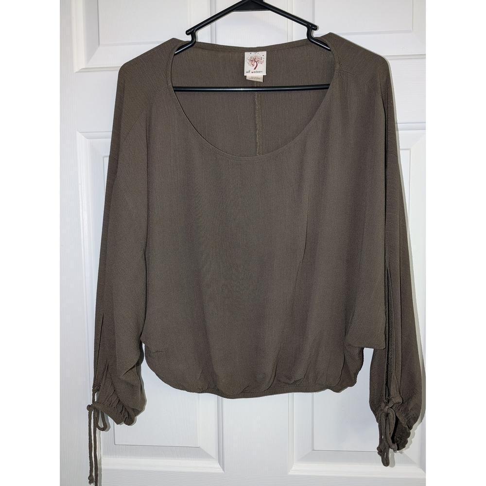 Self Esteem Olive Green Rayon Blouse Lace Up Sleeve Elastic Hem Boho Top Large